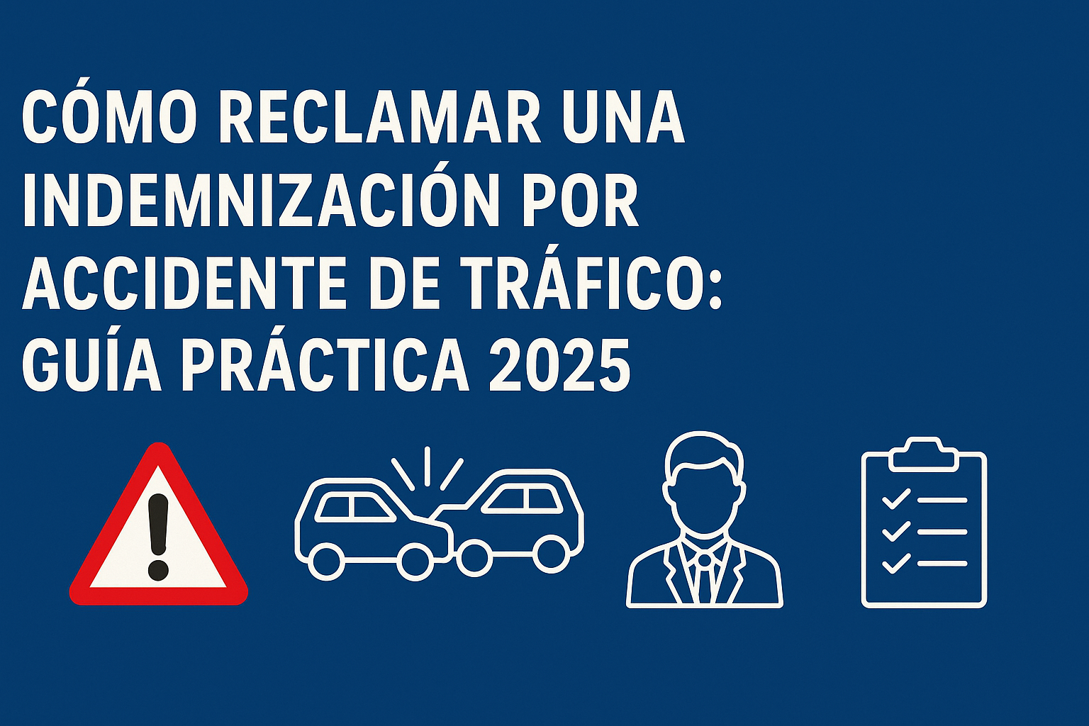 Portada del artículo “Cómo reclamar una indemnización por accidente de tráfico: Guía práctica 2025”. Diseño en fondo azul con íconos de advertencia, colisión de coches, figura de abogado y checklist, representando los pasos para reclamar una compensación por accidente de tráfico.